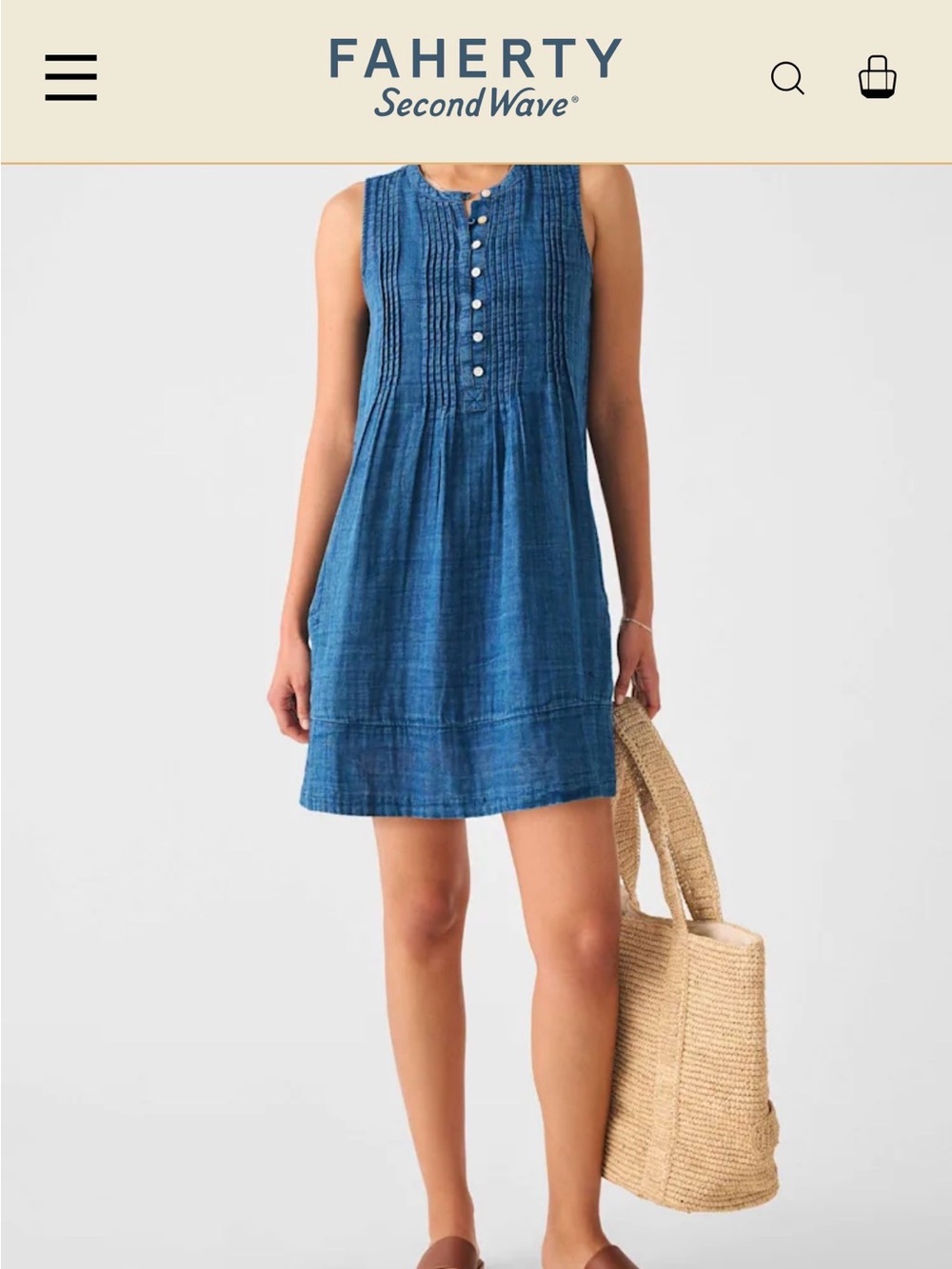 Faherty Indigo Sleeveless Pintuck Button Dress